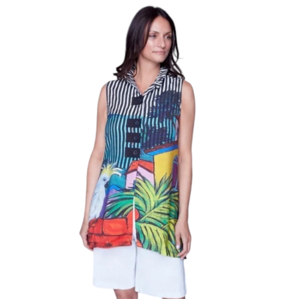 Carré Noir Women's Sleeveless Tunic Tropical Print Multicoloured Size Small